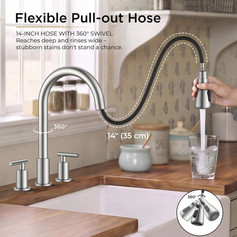 FORIOUS 2-Handle Kitchen Faucet with Pull Down Sprayer, Brushed Nickel featuring a flexible 14-inch pull-out hose and swivel spout.
