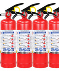 Beefed Up 5 Pound ABC Fire Extinguisher With Wall Mount Bracket, Solid Dry Chemical Blaster For Home Garage Ride And Workshop Safety, 2A 10B C UL Certified No Nonsense Fire Guard Gear instruction labels visible on four red extinguishers.