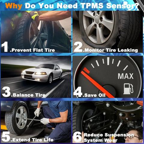 Toyota PMV-C010 315MHz TPMS Sensor Upgrade Plug-and-Play Fits Camry 2012-2019, Corolla 2014-2019, Prius 2016-2019, RAV4 2016-2018 And Lexus ES GS GX IS LS NX RC 2013-2021 OE 42607-06020 TPMS benefits infographic