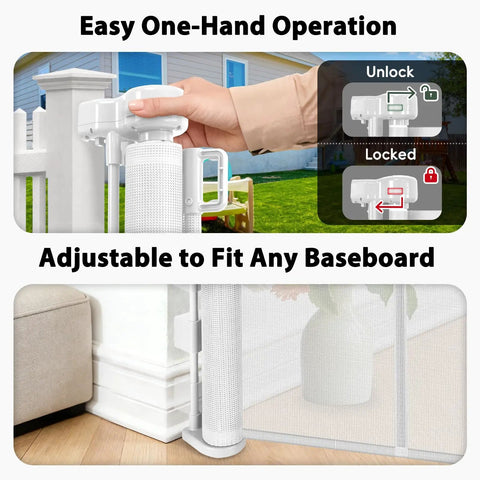 Heavy Duty Retractable Baby Gate And Dog Barrier With Slick Glide Action Covers Hella Wide Openings For Garages Driveways Living Rooms Provides No Fuss Everyday Safety In White, showing easy one-hand operation.