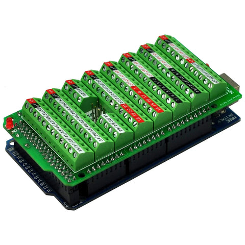 Screw Terminal Block Breakout Module for Arduino Mega 2560 R3 With Power On LED Side Reset Button Soldered And Assembled 3.5mm Pitch Compatible With 26 AWG To 16 AWG Wire, green PCB with screw terminals