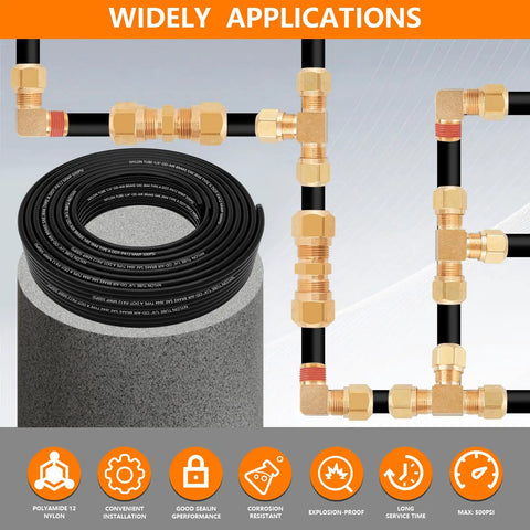 Dope Brass DOT Air Line Fittings Kit With Fifty Foot One Quarter Inch Tubing Quick Connects For Semi Truck Trailer Or Industrial Air System Includes One Eighth Three Eighths One Half Inch NPT Thread Fittings And Pneumatic Tubing Set displayed with coiled hose and brass fittings on gray background