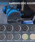 Get That Shiny Finish With These 100 Assorted 5 Inch Wet Dry Sanding Discs Featuring 8 Holes Hook And Loop Design For Wood Auto Body Metal Work ranging From 180 To 5000 Grits Perfect For Orbital Sanders And Serious Detailing Jobs, shown with sanding discs laid out next to an orbital sander.