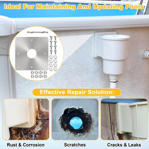 8x8 Inch Pool Water Return Repair Kit For Above Ground Pools, shown installed on pool wall with rust and leak repair solution