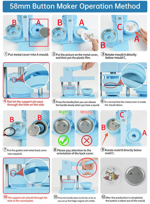 2 In 1 Button And Magnet Maker Machine Kit 58mm DIY Badge And Fridge Magnet Creator Bundle With 50 Badge Parts And 50 Magnet Making Supplies For Easy Custom Badges At Home. 58mm blue button press operation guide