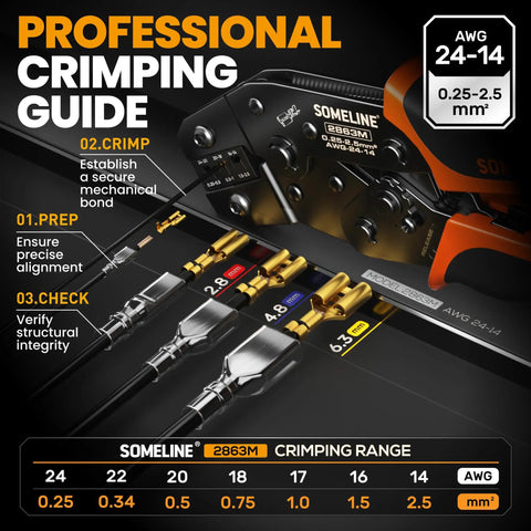 Open Terminal Connector Crimping Tool Kit With 14 Terminal Sizes Ratcheting Crimper For 24 14 AWG Non Insulated Open Barrel Terminals And Wire Splices Pro Grade Adjustable Lock Easy Release OEM Style Crimping Pliers instructional guide with wire size chart and crimping process steps.