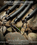 Dragging Weights For Catfish Sinker Kit No Snag Drag Weights For Bottom Bouncing Trolling Drifting Snagless Catfishing Gear 6Pcs 2 Oz 11.5 Inch Each Rattle Sound Sinker Set showing flexible sinker rods with snap swivels on rocks.