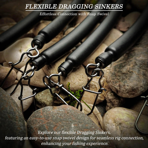 Dragging Weights For Catfish Sinker Kit No Snag Drag Weights For Bottom Bouncing Trolling Drifting Snagless Catfishing Gear 6Pcs 2 Oz 11.5 Inch Each Rattle Sound Sinker Set showing flexible sinker rods with snap swivels on rocks.