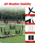 All In One 7x7 Football And Multi Sport Throwing Net With 5 Target Holes, Beast Mode Ready Heavy Duty Impact Resistant Practice Net set up on a field with close-ups of steel poles, fiberglass rod, and ground spikes.