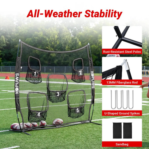 All In One 7x7 Football And Multi Sport Throwing Net With 5 Target Holes, Beast Mode Ready Heavy Duty Impact Resistant Practice Net set up on a field with close-ups of steel poles, fiberglass rod, and ground spikes.