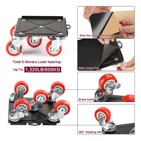 Heavy Duty Furniture Dolly With Five Wheels Up To 3300 Lbs Load Capacity For Easy Moving And Storage Premium Carbon Steel Construction Four Pack Tool Set For Home Or Office Moving And Storage Solutions showcasing red wheels and carbon steel frame