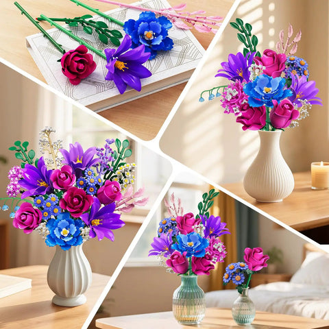 21 Flower Bouquet Building Kit With Lights For Adults And Teens 8 12 Plus Realistic Floral Set With Roses Lilies Daisies Hydrangeas Eucalyptus Gypsophila And More For Creative Decorating Gifts And Hands On Craft Fun, assembled bouquet in vase