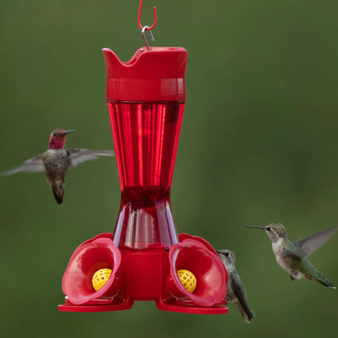 Hummingbird Feeder With Pinch Waist Design No Fuss No Mess Easy Fill And Clean With Bee Guards Keeps Bees Out Four Flower Ports 8 Ounce Capacity Outdoor Garden Or Patio Bird Feeder