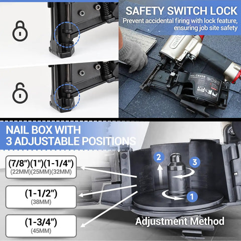 Detailed view of Lightweight Pneumatic Roofing Nailer 15 Degree Coil Nail Gun showing safety switch lock and adjustable nail box.