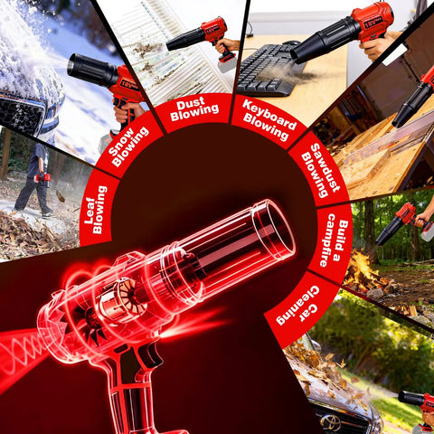 Illustration showing Cordless Leaf Blower For 18V Batteries 720 CFM 180 MPH Handheld Brushless Dust Blower with light in various uses