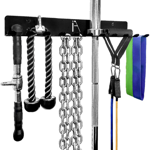 Heavy Duty Wall Mount Gym Storage Rack With 9 Or 11 Hooks, Steel Black Powder Coat, holding resistance bands and cables