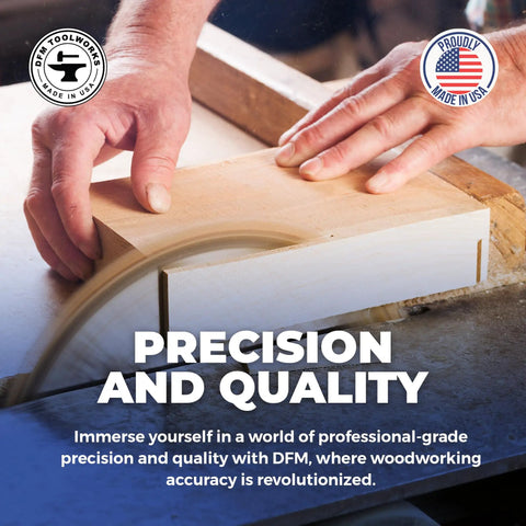 Craftsman adjusting blade with focus on precision and quality on a table saw, highlighting woodworking accuracy.