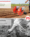 Top: Hand Push Garden Seeder with Roller Seeders in field; Bottom: Manual planting comparison with basket and soil.