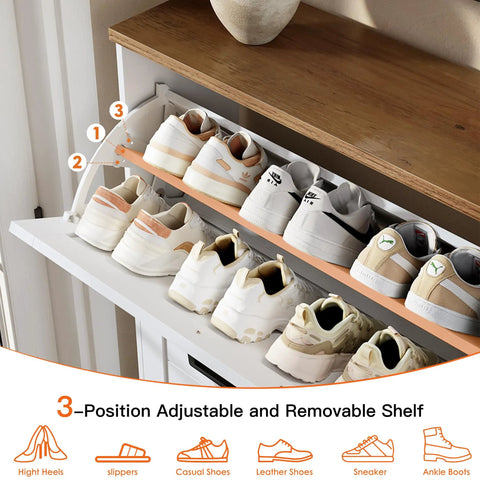 Sleek Barn Door Shoe Cabinet With Four Flip Drawers And Three Adjustable Shelves Ultra Slim Freestanding showcasing adjustable shelf and sneaker organization.