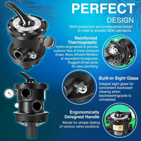 Top Mount Multiport Valve Replacement for Above Ground Sand Filters 1.5 Inch Plumbing Seven Position Control Valve Fits Pro VL Series and Most SandMaster SwimPro GM Dream Line Jacuzzi Filters with reinforced thermoplastic design and built-in sight glass