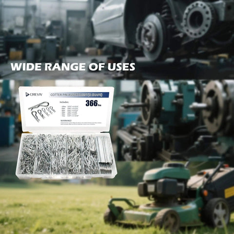 366 Piece Cotter Pin Set With 6 Sizes R Clips For Auto ATV Dirt Bike And Lawn Gear, displayed in organized case, with machinery background