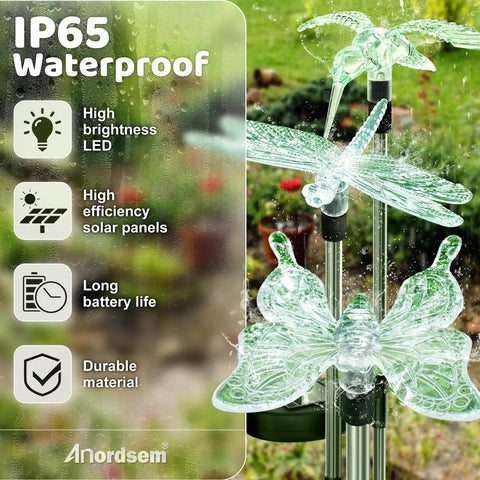 Solar Garden Lights Outdoor Set Of 6 Insect Stake Lights with dragonfly and butterfly design, waterproof IP65, colorful LED.