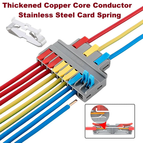 3 In 9 Out Quick Lever Push In Electrical Wire Terminal Block with colored wires, durable copper core, tin plated, 35A 250V.