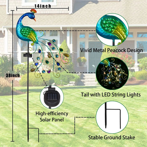 Metal Peacock Garden Solar Lights Outdoor Stake Waterproof Led Path Light For Patio Yard And Lawn Decor Charming Peacock