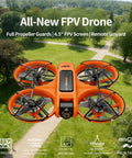 Drone With Built In 4.5 Inch FHD Screen Remote No Phone Needed 2K Dual Cameras 40 Minute Flight Brushless Motors Obstacle Avoidance Auto Hover Follow Me One Key Takeoff Landing 360 Flip Includes 2 Batteries Mini Drone For Beginners in flight over a green park.