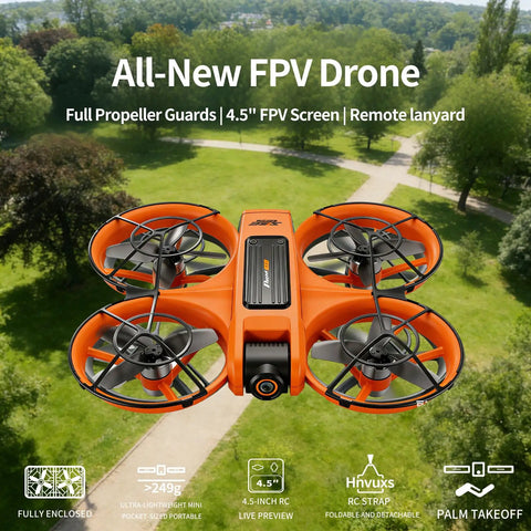 Drone With Built In 4.5 Inch FHD Screen Remote No Phone Needed 2K Dual Cameras 40 Minute Flight Brushless Motors Obstacle Avoidance Auto Hover Follow Me One Key Takeoff Landing 360 Flip Includes 2 Batteries Mini Drone For Beginners in flight over a green park.