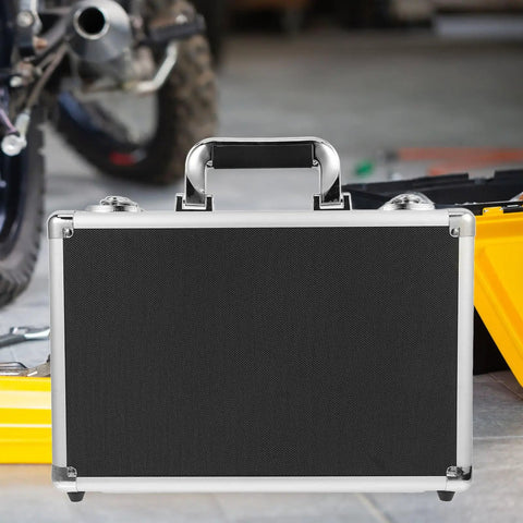Hella Sturdy Aluminum Alloy Tool Storage Case With Reinforced Carry Handle And Lockable Portable Gear Box Organizer for auto mechanics, black finish.