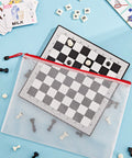 Must Have 18 Pack Mesh Pouches In 8 Sizes And Nine Colors Waterproof Zipper Bags with chessboard and pieces inside.