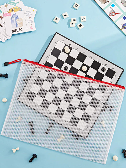 Must Have 18 Pack Mesh Pouches In 8 Sizes And Nine Colors Waterproof Zipper Bags with chessboard and pieces inside.