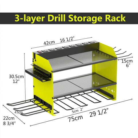 Wall Mounted Drill Storage Rack With Charging Station And Drill Holder, Power Tool Organizer For Garage And Workshop, Holds 4 Drills, 8 Outlet Power Strip, Drill Bit Organizer, Green Three Layer shown in dimensions