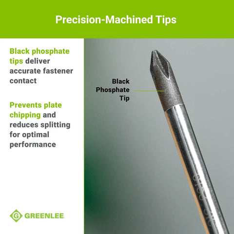Close-up of black phosphate tip on screwdriver from 7 Piece Screwdriver Set With Cabinet Keystone And Phillips Drivers Includes Short And Long