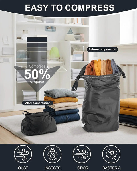 Travel Laundry Bag With Pump Free Vacuum Compression Large Waterproof Wet And Dry Bag compresses 50% before and after use