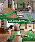 Indoor Golf Putting Mat With Three Track Putting Green And Automatic Ball Return in a living room setup with wood base