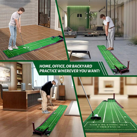 Indoor Golf Putting Mat With Three Track Putting Green And Automatic Ball Return in a living room setup with wood base