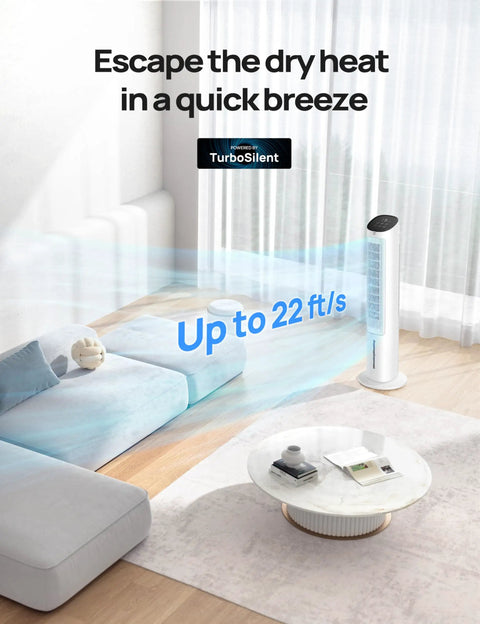Evaporative Swamp Cooler With Bladeless Standing Fan And Removable Water Tank, Pairs Ice Packs And Fast Remote For That No Sweat Summer Chill, Four Speed Settings And Seven Hour Timer Best For Bedroom Or Office White