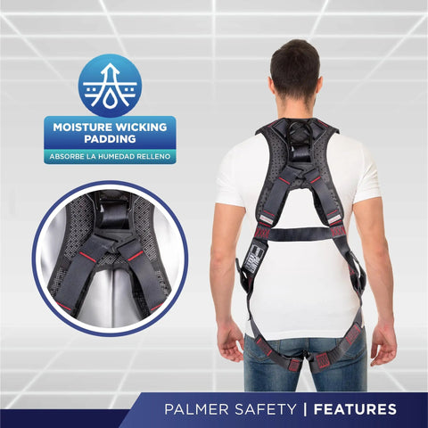Back view of man wearing Fall Protection 5 Point Safety Harness With 1D Ring Quick Connect Buckle, Size 3XL, moisture-wicking pad.