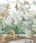Bright Tropical Leaves And Safari Animals Kids Wall Mural For Bedroom And Living Room TV Background Not Peel And Stick Nine Piece Silk Finish Large Wall Decor Set For Playful Nurseries And Shared Spaces with giraffe, zebra, and tropical plants.