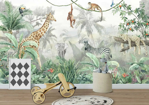 Bright Tropical Leaves And Safari Animals Kids Wall Mural For Bedroom And Living Room TV Background Not Peel And Stick Nine Piece Silk Finish Large Wall Decor Set For Playful Nurseries And Shared Spaces with giraffe, zebra, and tropical plants.