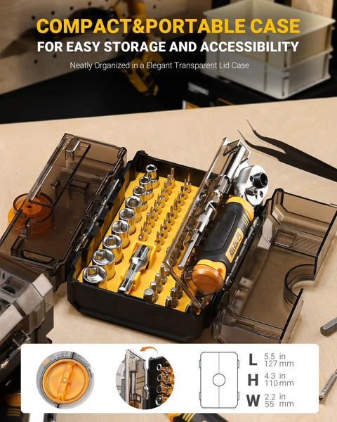 78 PCS Precision Screwdriver Set All In One with socket bits and ratcheting wrench in premium case on table