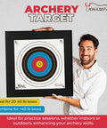 Backyard Archery Target For Practice 2x2 Foot Foam Backstop with two paper targets, shown held by a person with labels for bow types.