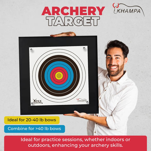 Backyard Archery Target For Practice 2x2 Foot Foam Backstop with two paper targets, shown held by a person with labels for bow types.