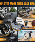 Cordless Tire Inflator Portable Air Compressor With Digital Pressure Gauge 150 PSI Fast Inflation Rechargeable Battery 12V DC Power images of inflating car, bicycle, ball, motorcycle, life buoy