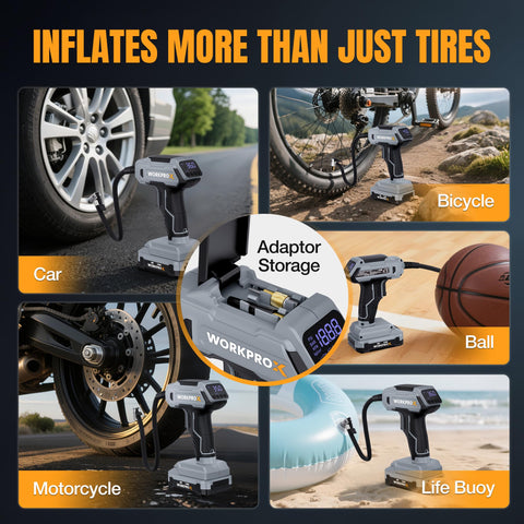 Cordless Tire Inflator Portable Air Compressor With Digital Pressure Gauge 150 PSI Fast Inflation Rechargeable Battery 12V DC Power images of inflating car, bicycle, ball, motorcycle, life buoy