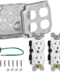 All In One 4x4 Metal Outlet Box Kit With Two Tamper Resistant 20 Amp Duplex Receptacles, 4x4 Cover, Sixteen Knockouts Plug And Play Ready For Exposed Work Installations