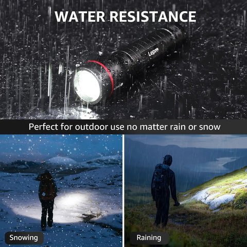 Beast Bright 900 Lumen Tactical Flashlight With Zoomable Beam And OSRAM P9 LED in rain and snow, water resistant for camping.