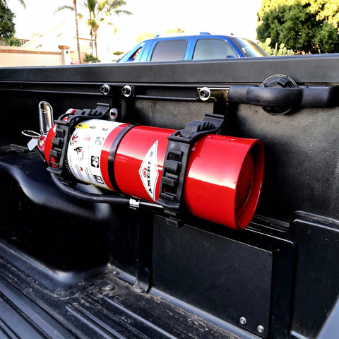 SINOKING rubber mounting clamp (2.5–7.5 in) secures red fire extinguisher to pickup bed wall.